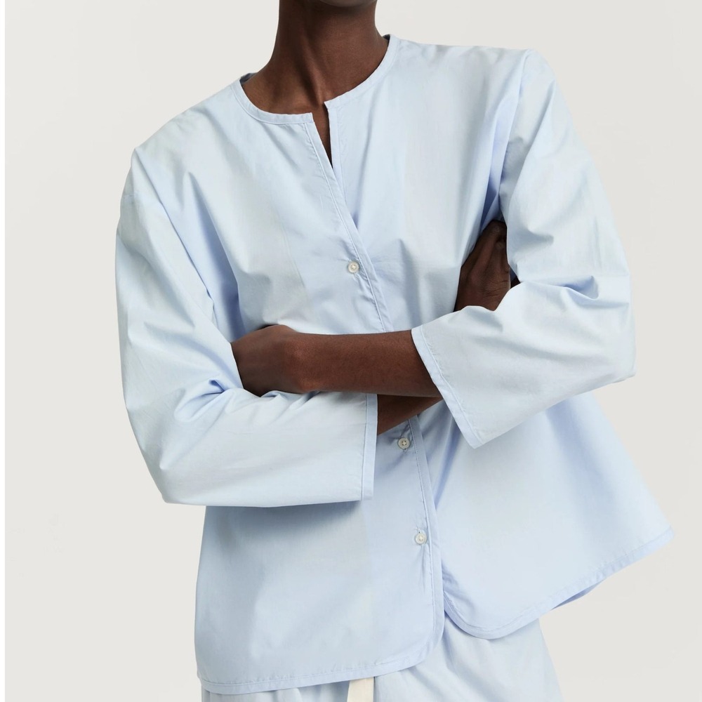 aiayu‎ Organic Cotton Button Down Shirt Blouse Long Sleeve Blue Poplin Womens M